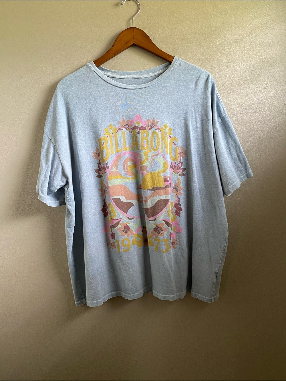 Billabong Light Blue Tee with Pastel Floral Sunset Graphic
